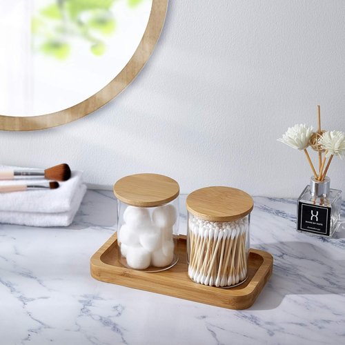 INIUNIK Glass Qtip Holder - Stylish Vanity Tray & Apothecary Jar Organizer for Bathroom Essentials