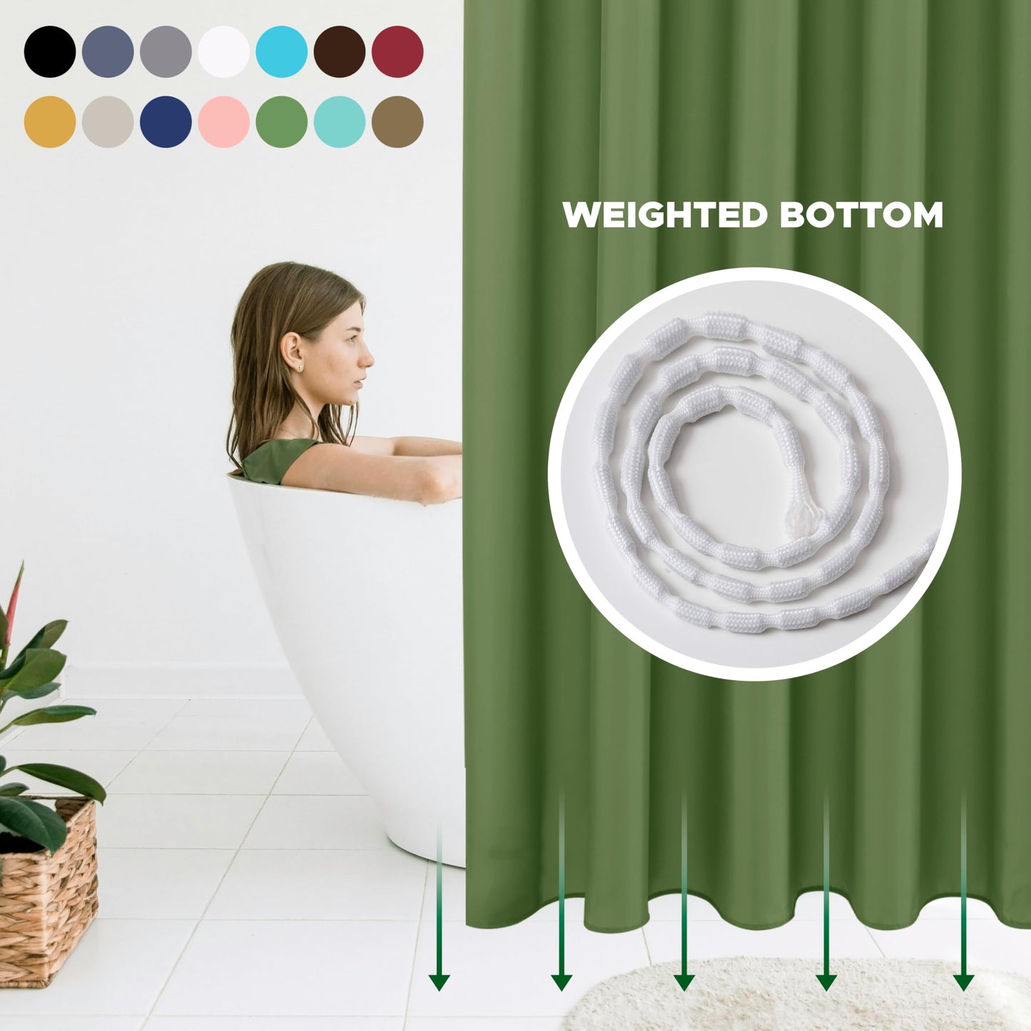 Biscaynebay Hotel Quality Fabric Shower Curtain Liners 72 Inch by 72 Inch, Sage Water Resistant Bathroom Curtains Rust Resistant Grommets & Weighted Bottom Hem Machine Washable