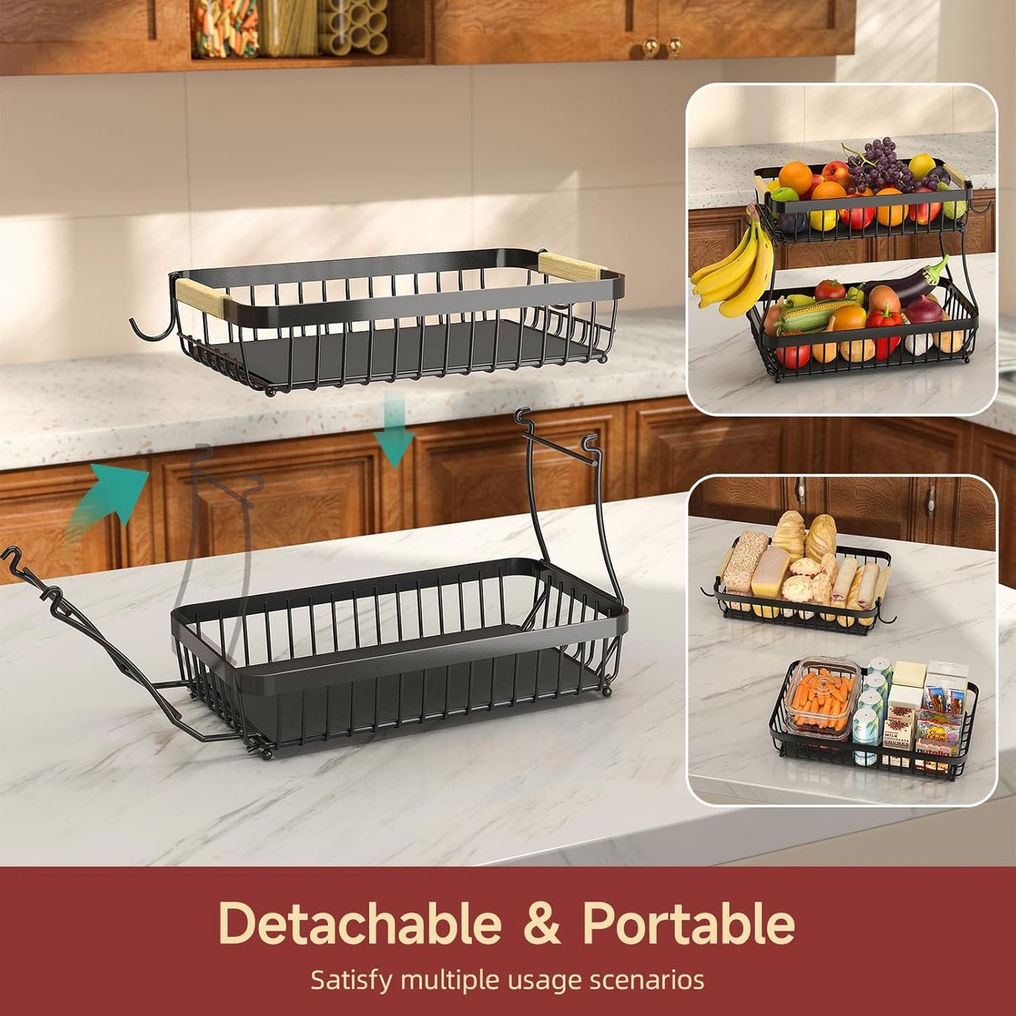 Sevenblue 2-Tier Large Fruit Basket - Detachable Metal Bowl with Wooden Handle & Banana Hangers | Kitchen Counter Organizer