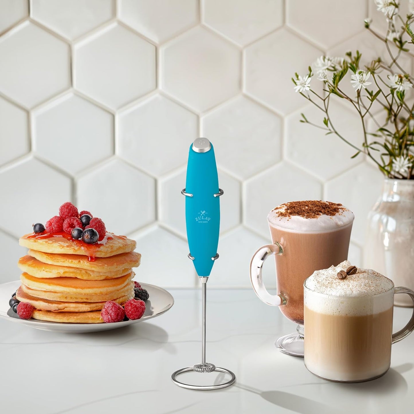 Zulay Kitchen Milk Frother Wand - Ultra-Fast Handheld Drink Mixer with 4 AA Batteries - Blue Teal