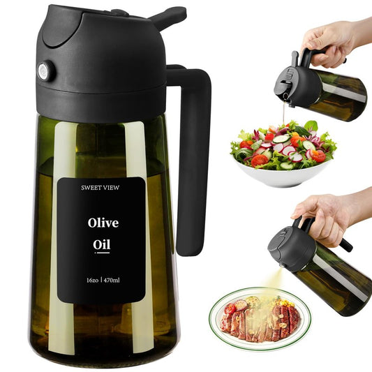 SWEET VIEW - Olive Oil Sprayer for Cooking, 16oz/470ml Glass Light-Proof Oil Pourer for Kitchen with Stickers for Air Fryer, Cooking, Salad, and BBQ with Stickers