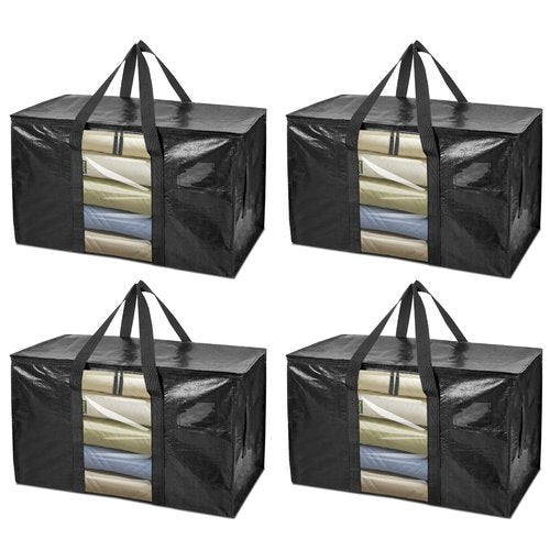 BALEINE 4-Pack Oversized Moving Bags with Reinforced Handles, Heavy-Duty Storage Tote Moving Supplies for Packaging, Camping (Black w/Window, 4-Pack)