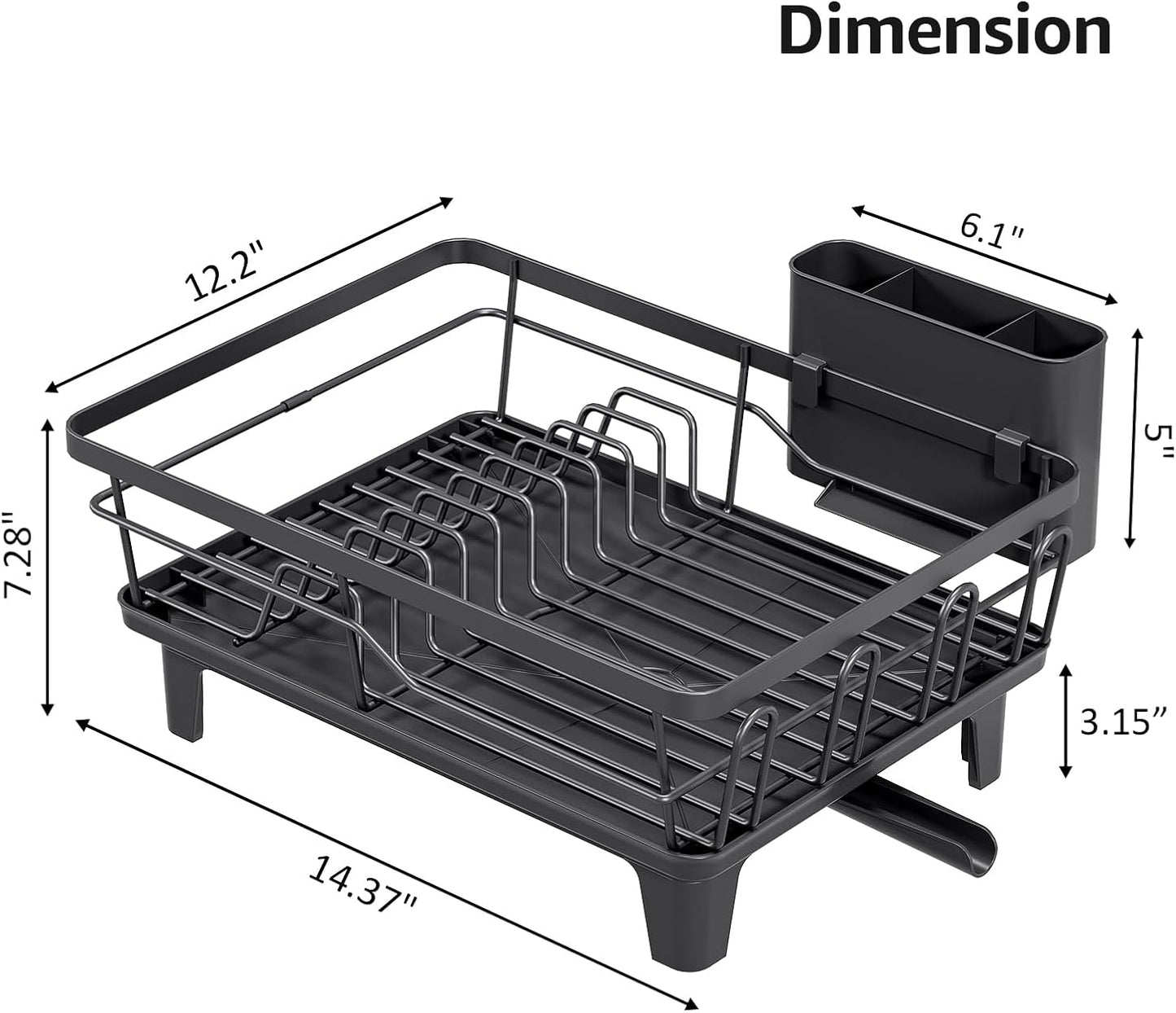 Urackify Dish Drying Rack - Large Kitchen Counter Rack with Drainboard & Cutlery Holder | Black