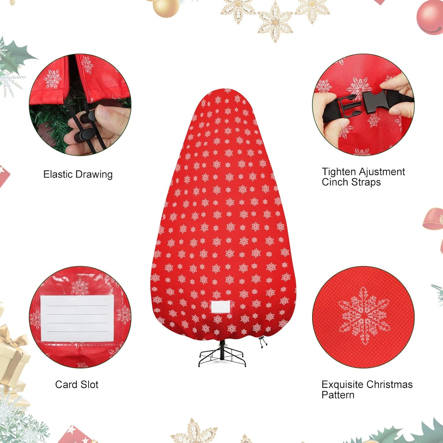 Skiennix Christmas Tree Cover - Durable Storage Bag with Zipper & Drawstring for 6-Foot Trees | Dustproof Red with Snow Print