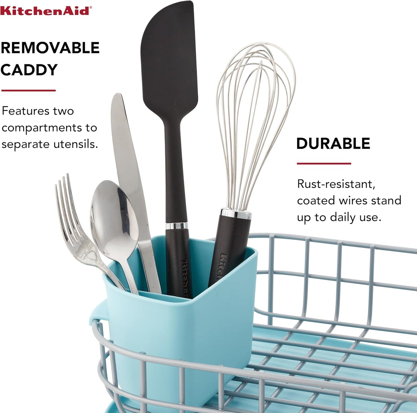 KitchenAid Low Profile Compact Dishrack - Removable Flatware Caddy & Self-Draining Board | Rust Resistant, 12.59 x 17.55 x 6.29 Inch, Mineral Water