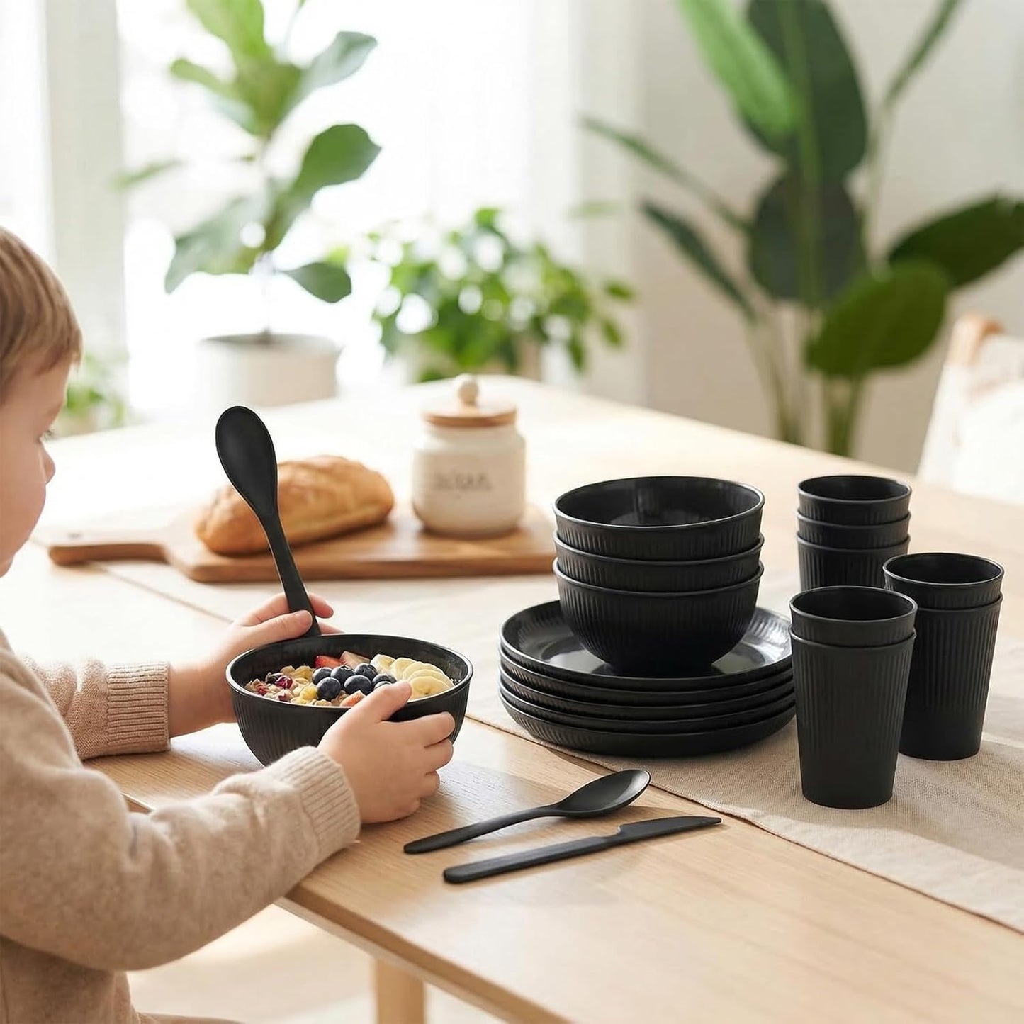 Skiennix 36-Piece Wheat Straw Dinnerware Set - Unbreakable Plates, Bowls & Cups | Dishwasher & Microwave Safe, Black