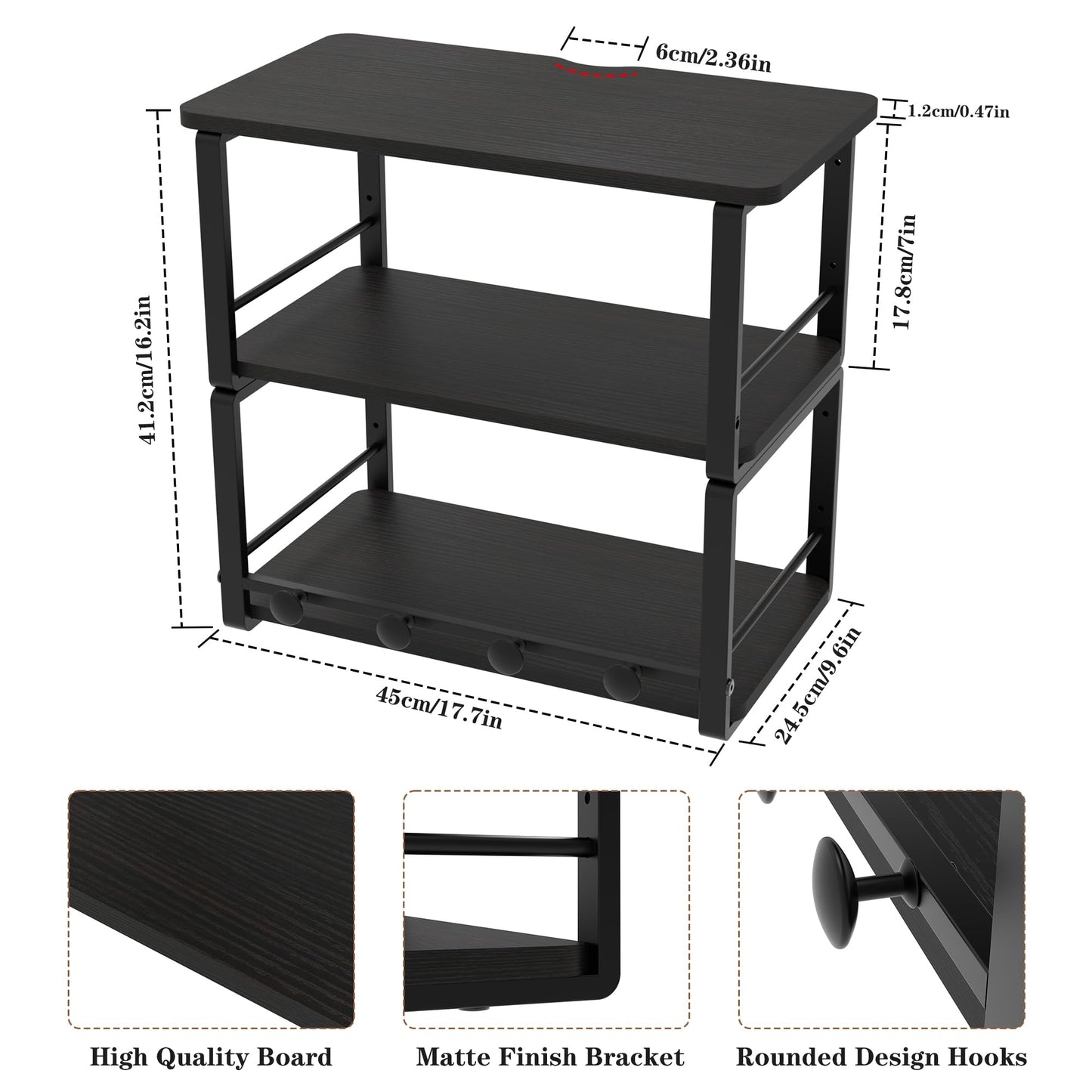 ANYHI Wall Mounted Three-Tier Floating Shelves for Living Room/Bedroom/Kitchen/Bathroom, Wood Floating Shelf with 4 Hooks for Books/Storage/Decor, Bedside Shelves, Black Nightstand