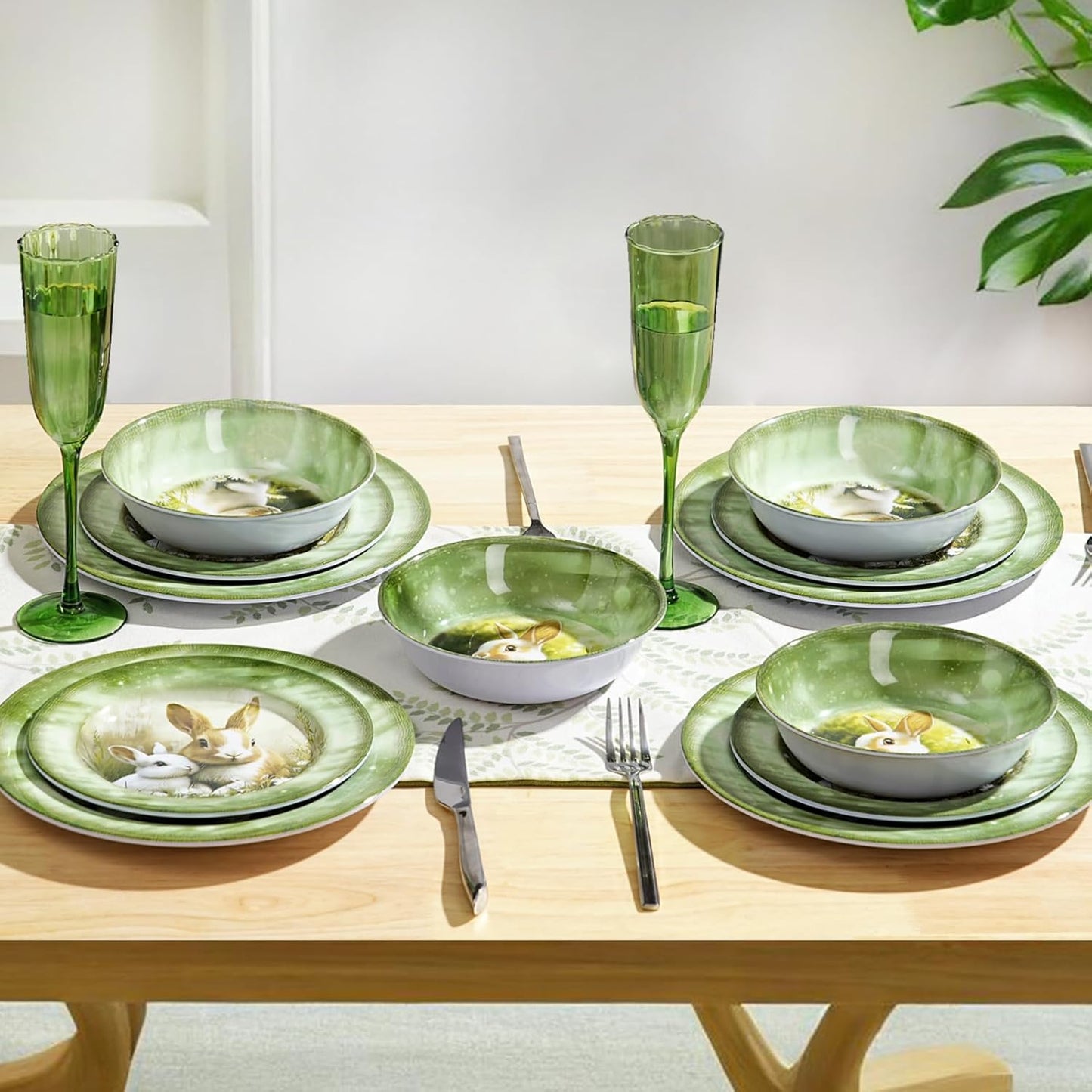 Skiennix 12-Piece Melamine Dinnerware Set - Lightweight Green Plates & Bowls for 4 | Shatterproof & Durable for Outdoor Use
