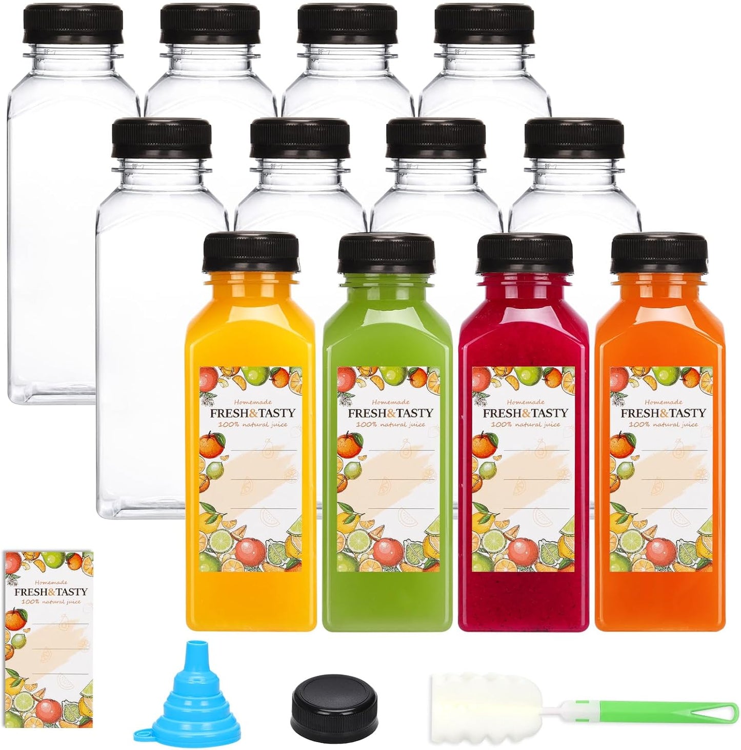TOMNK 12oz Reusable Juice Bottles - 12pcs Plastic Containers with Caps, Labels, Funnel & Brush