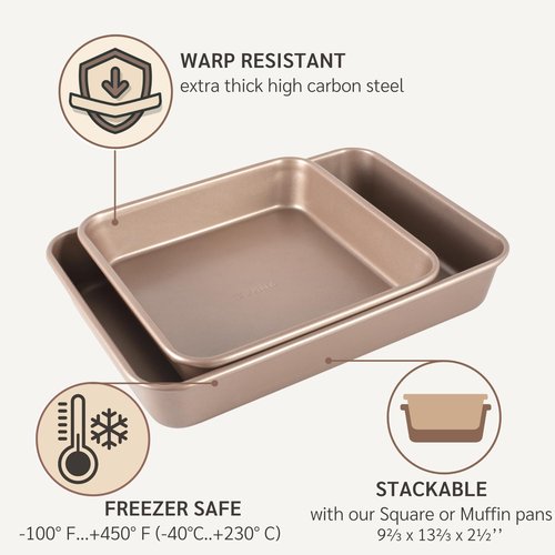 HAPPIELS Nonstick Non Toxic 9x13 in Baking Pan for oven | Cake Mold 9 x 13 Non Stick Nontoxic | Carbon Steel Gold Brownies Pans 13x9 inches | Rectangle Brownie Tray 9 by 13 inch | Baking Ware