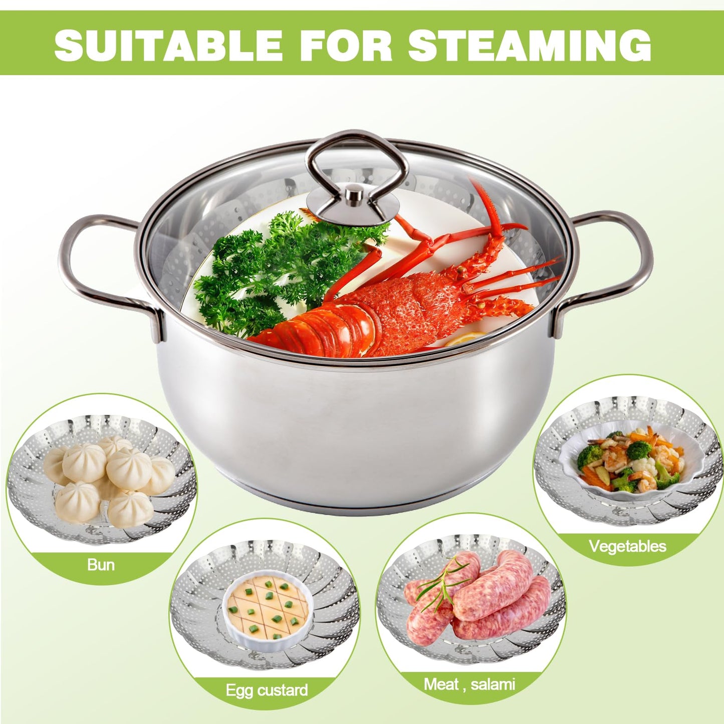 Vegetable Steamer Basket - Stainless Steel Folding Basket for Cooking, Vegetables, Fish, Pasta, Eggs, Fit Various Size Pot (5.5 inches to 9.2 inches)
