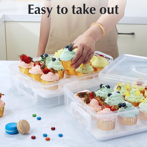 Gencywe Plastic Cupcake Carrier 24 Count, 2-Layer Cupcake Holder Carries with Lid & Handles, Cookie, Cake, Cupcake and Brownie Storage Carrier, Reusable Cupcake Box