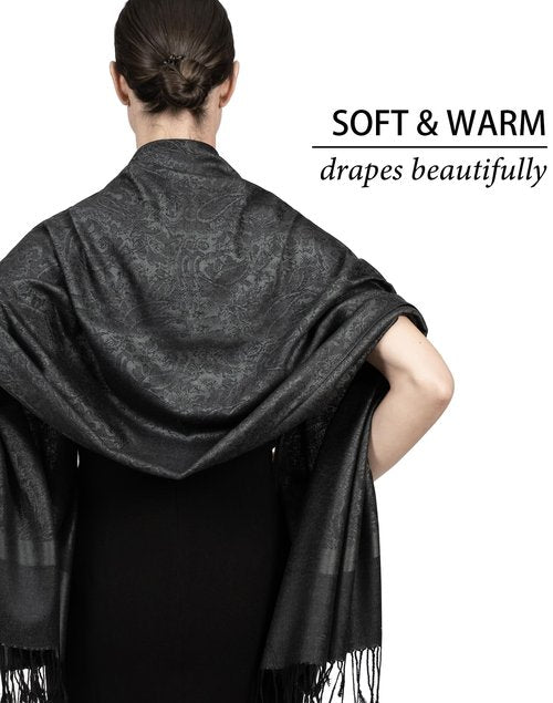Achillea Women's Two Tone Vintage Jacquard Paisley Pashmina Shawl Wrap Scarf (Charcoal Gray)