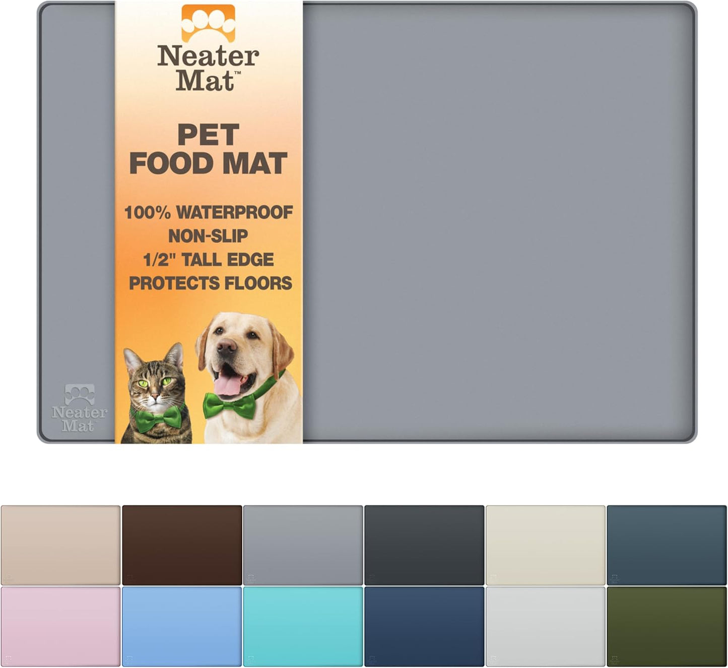 Neater Pet Brands Cat & Dog Food Mat - Waterproof BPA-Free Silicone with Raised Edge | 19" x 12", Gunmetal Grey
