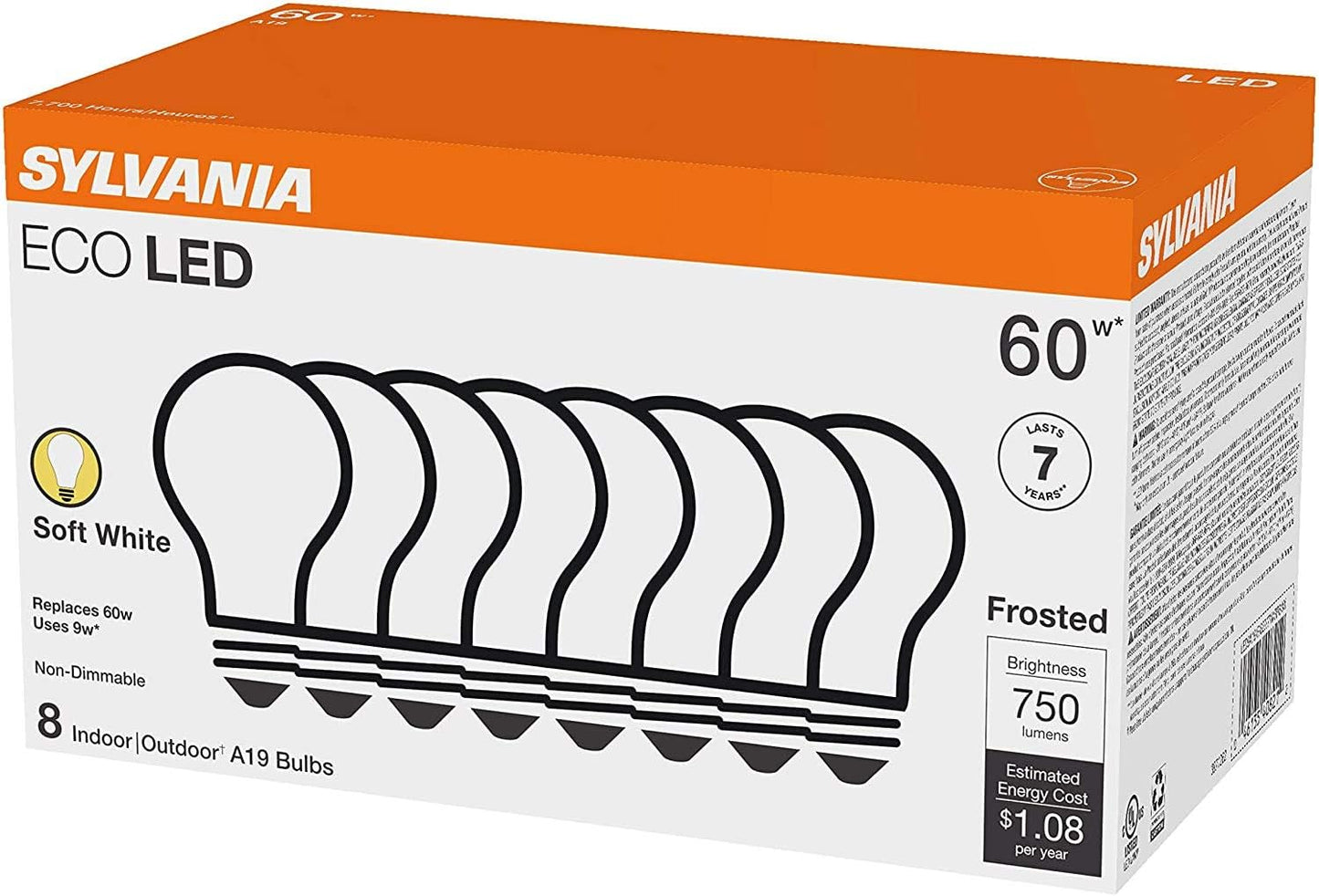 Sylvania ECO LED Light Bulb - 60W Equivalent, 9W Efficient, Soft White, Frosted | 8 Pack, 750 Lumens, 2700K