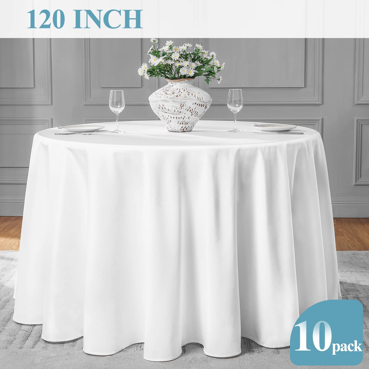 VidaFete 10 Pack 120inch Round Tablecloth Polyester Table Cloth, Stain Resistant and Wrinkle Polyester Dining Table Cover for Kitchen Dinning Party Wedding Round Tabletop Buffet Decoration(White)