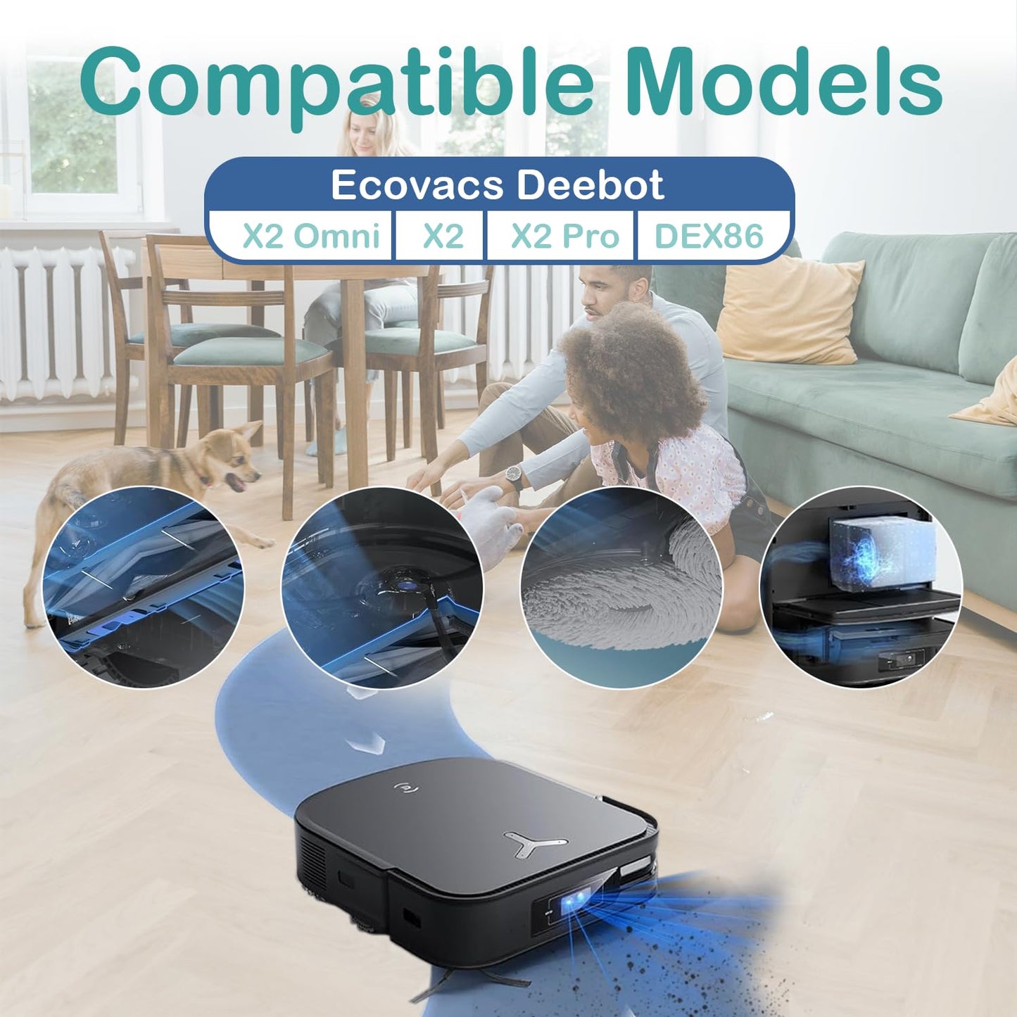 DEEBOT X2 Omni Replacement Parts for ECOVACS DEEBOT X2 Omni / X2 / X2 Pro / DEX86 Robot Vacuum, 2 Main Rubber Brush,4 Side Brush,4 Hepa Filters,4 Dust Bags,4 Mop Cloths