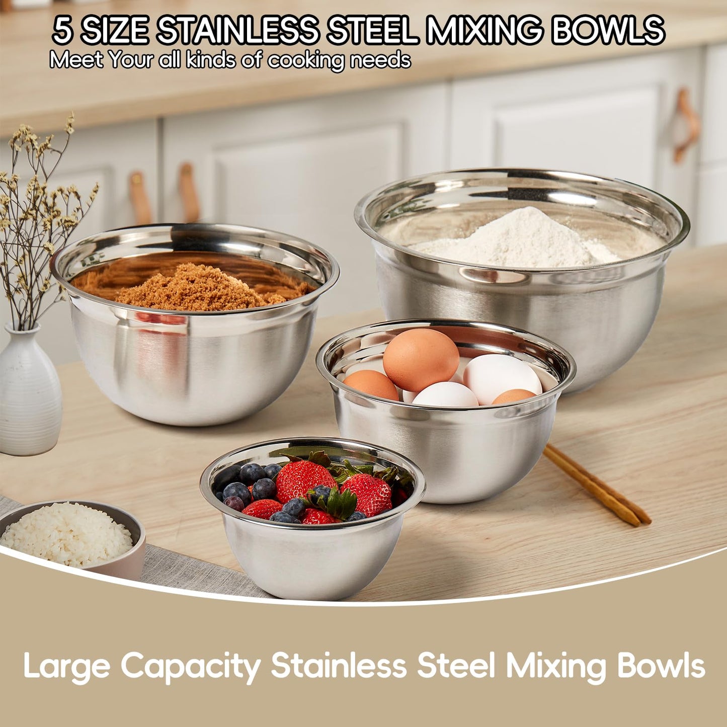 WEPSEN Mixing Bowls Set, 25PCS Khaki Mixing Bowls With Lids Set Stainless Steel Kitchen Large Nesting Metal Bowl 7QT to 1.5QT, Measuring Cups and Spoons for Prepping Cooking Serving