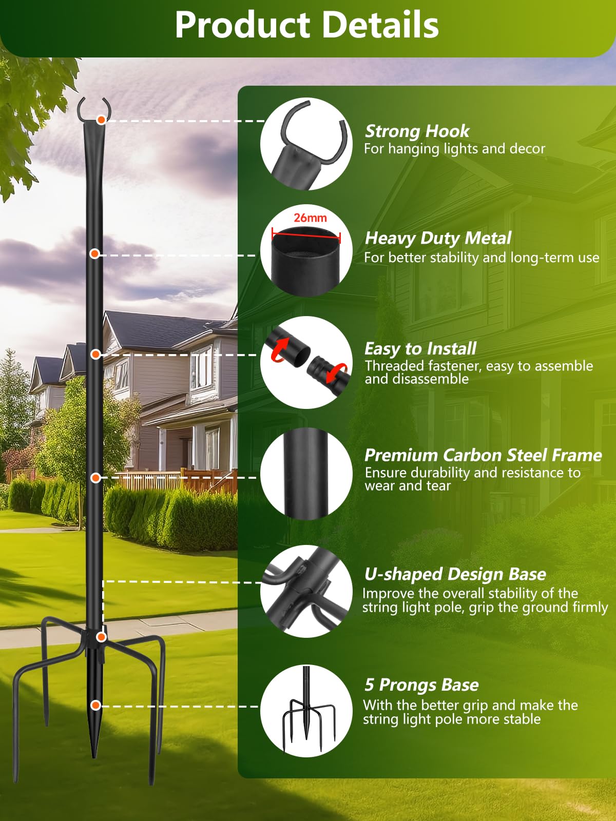 LRYXEG String Light Poles for Outside 4 Pack, 10ft Metal Outdoor String Light Poles for Deck - Ideal for Patio, Garden, Yard, Front Porch Decorations, Black