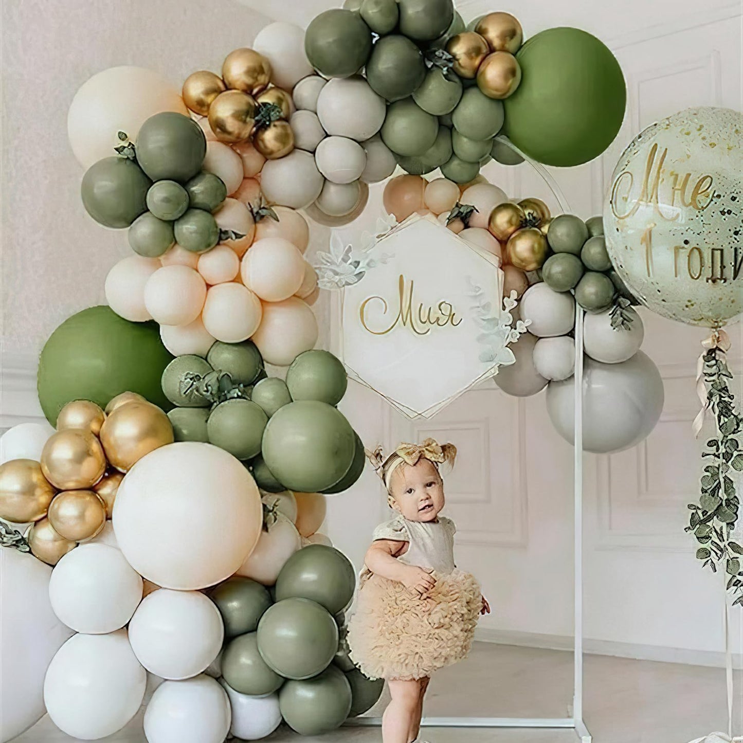 PartyWoo Sage Green Balloons 100pcs 12 Inch Metallic Gold Sand White Gold Confetti Balloons for Baby Shower Gender Reveal Wedding Engagement Jungle Woodland Forest Birthday Party Decorations