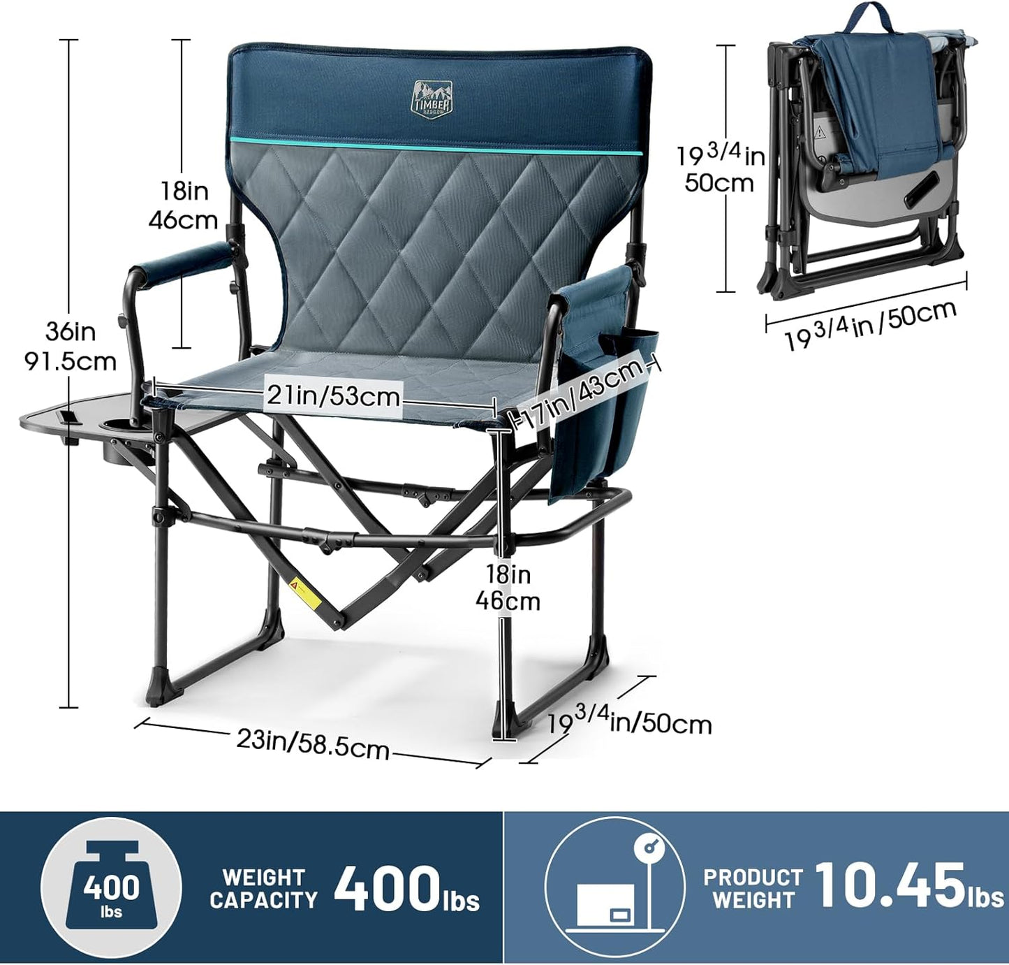 Timber Ridge Camping Chair - Portable Aluminum Directors Chair with Side Table & Pocket | Heavy Duty 400lbs, Blue