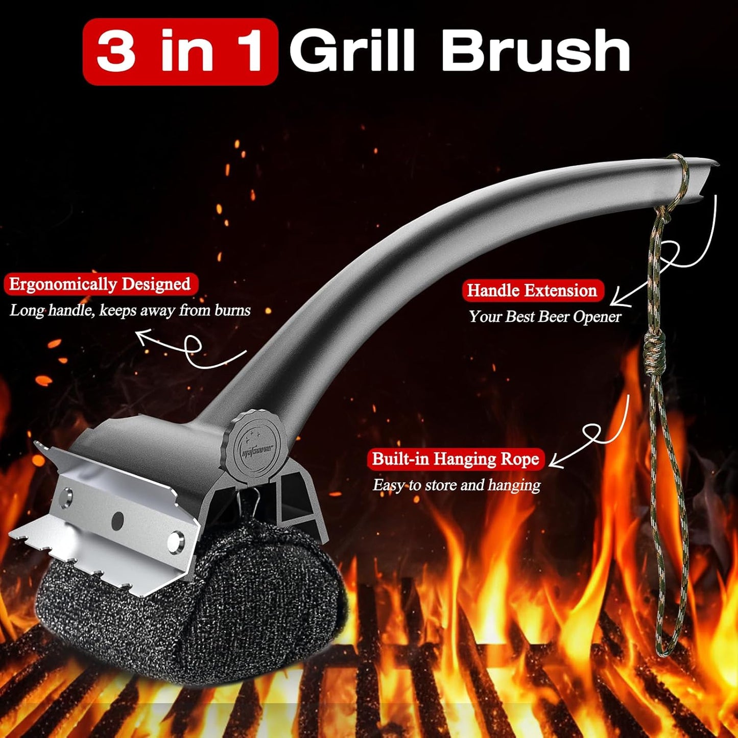 Skiennix Grill Brush - Replaceable Bristle-Free Design for Safe Cleaning | Ideal for Porcelain, Gas, Charcoal, and Cast Iron Grills - Black