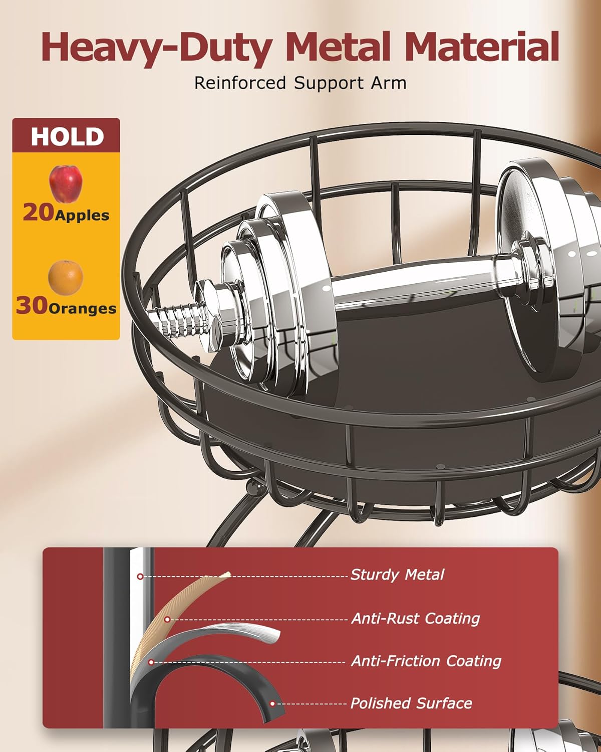 Sevenblue 2-Tier Large Fruit Basket - Sturdy Iron Kitchen Counter Bowl with Removable Banana Hanger | Black