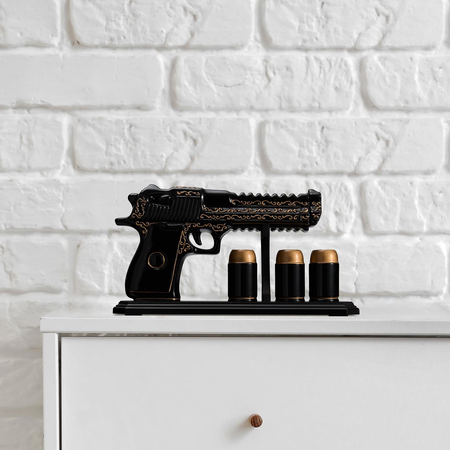 Gifts for Men Dad Hand Painted Gun Whiskey Decanter Set & Shot Glass - Black & Gold & 3 Bullet Shots - Unique Birthday Christmas Gift for Brother, Cool Anniversary Present Him Husband, Pistol Liquor