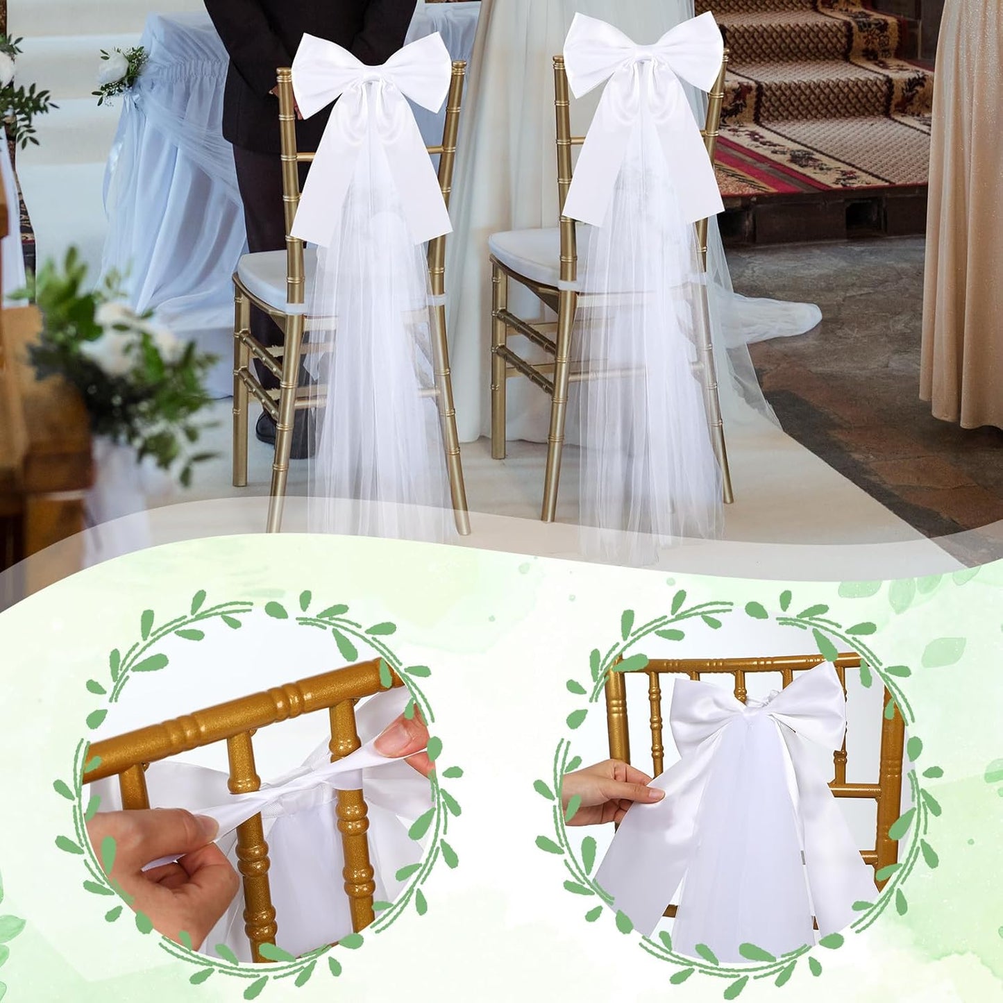 Skiennix 12 Pcs Large White Wedding Pew Bows - 15.7" x 7.9" Satin Decor with Tulle for Aisle & Events