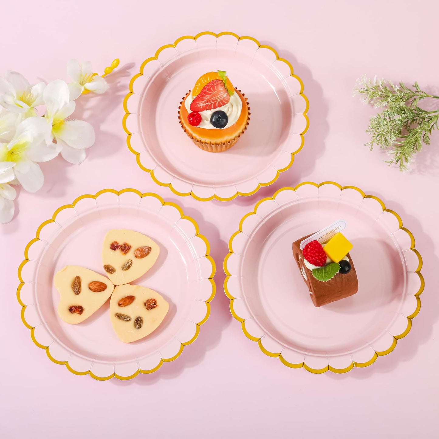 AimFun Pink Disposable Dessert Party Plates 7inch Gold Foil Scalloped Paper Plate for Valentines Day Bridal Baby Shower Wedding Tea Party Supplies