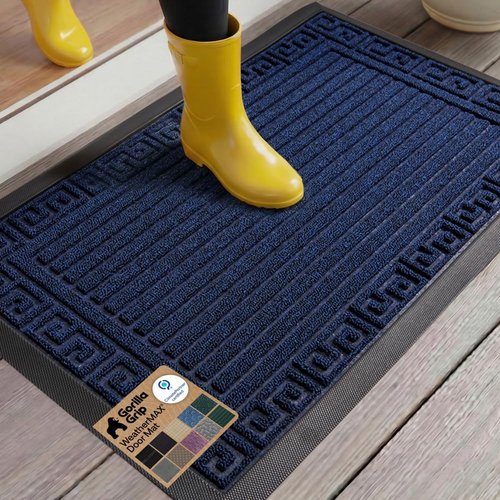 GORILLA GRIP Waterproof All-Season WeatherMAX Doormat - 35x23 Natural Rubber, Stain & Fade Resistant, Easy Clean, Navy Greek Keys
