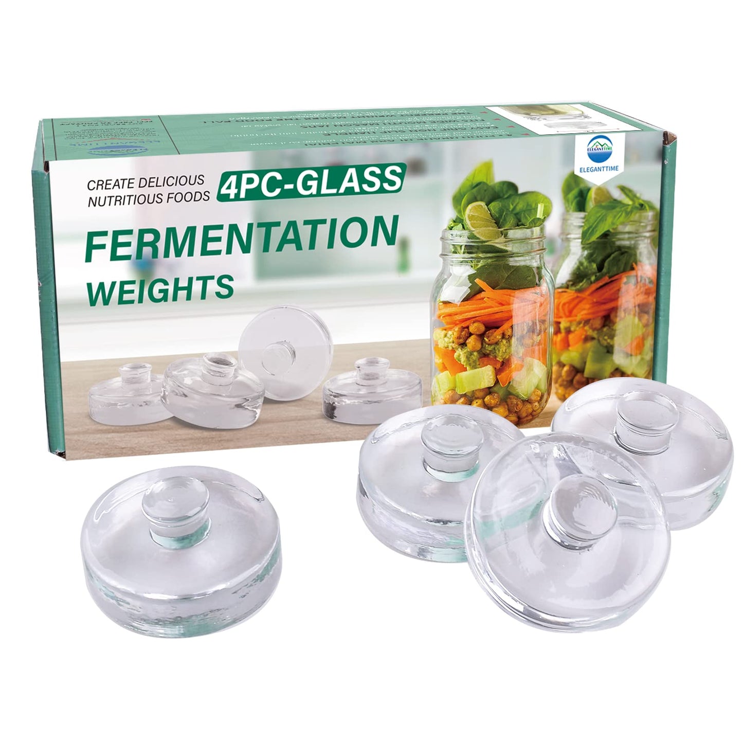 Eleganttime 4 Pack Easy Grip Handle Glass Fermentation Weights Great Mason Jar Wide Mouth Canning Fermenting Pickling Sourkrout Kraut Weight Fermentation Kit