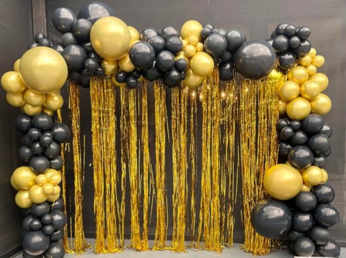 Black and Gold Balloon Garland Arch Kit by 2025 - Elegant Party Decorations with Gold Foil Curtains for Graduation, Birthday, and Anniversary Celebrations
