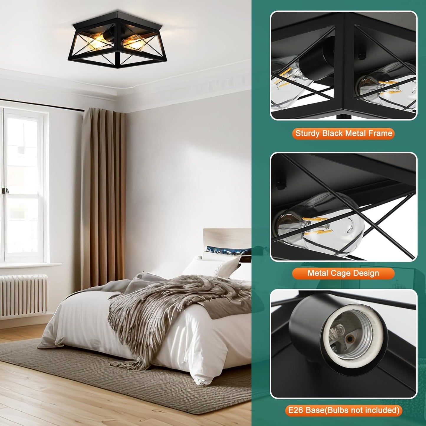 Farmhouse Flush Mount Ceiling Light Oak White Ceiling Light Fixtures 2-Light Industrial Vintage Metal-Framed Ceiling Lighting for Hallway Foyer Kitchen Dining Room Bedroom Living Room Laundry