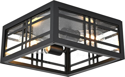 Farmhouse Ceiling Light Fixture Black 2-Light with Clear Glass, Square Flush Mount Ceiling Light for Hallway Kitchen Bedroom Porch