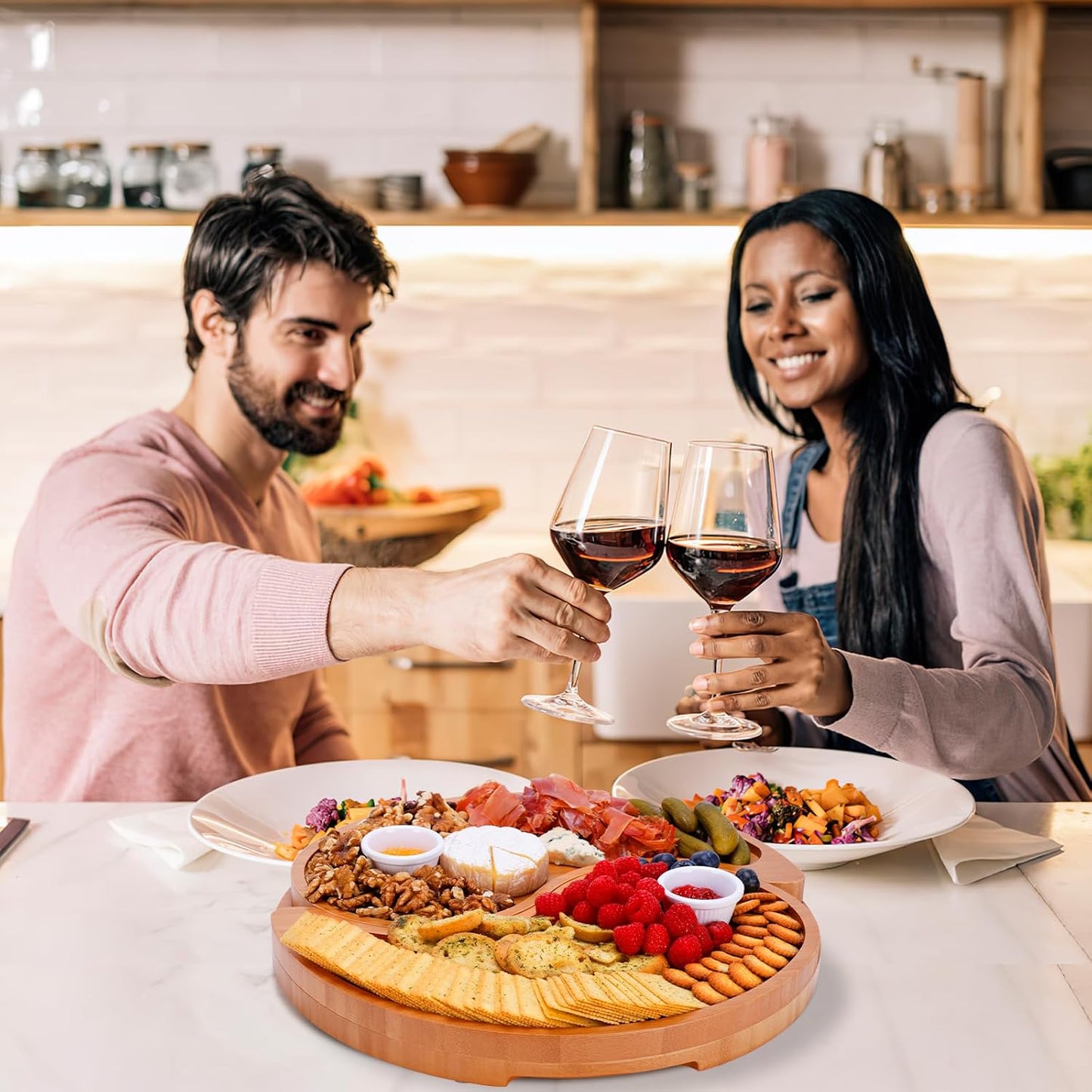 ZMARKRAFT® US Patented Large Double-Layer Charcuterie Board | Cheese Board Platter Set w 4 Knives and 2 Bowls | Premium Bamboo Serving Tray | Hoursewarming Christmas (Mocha Brown)