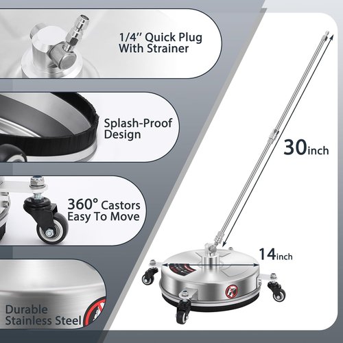 Dalmbox 14" Pressure Washer Surface Cleaner - 4000 PSI, Stainless Steel, 4 Wheels | Ideal for Patios & Sidewalks