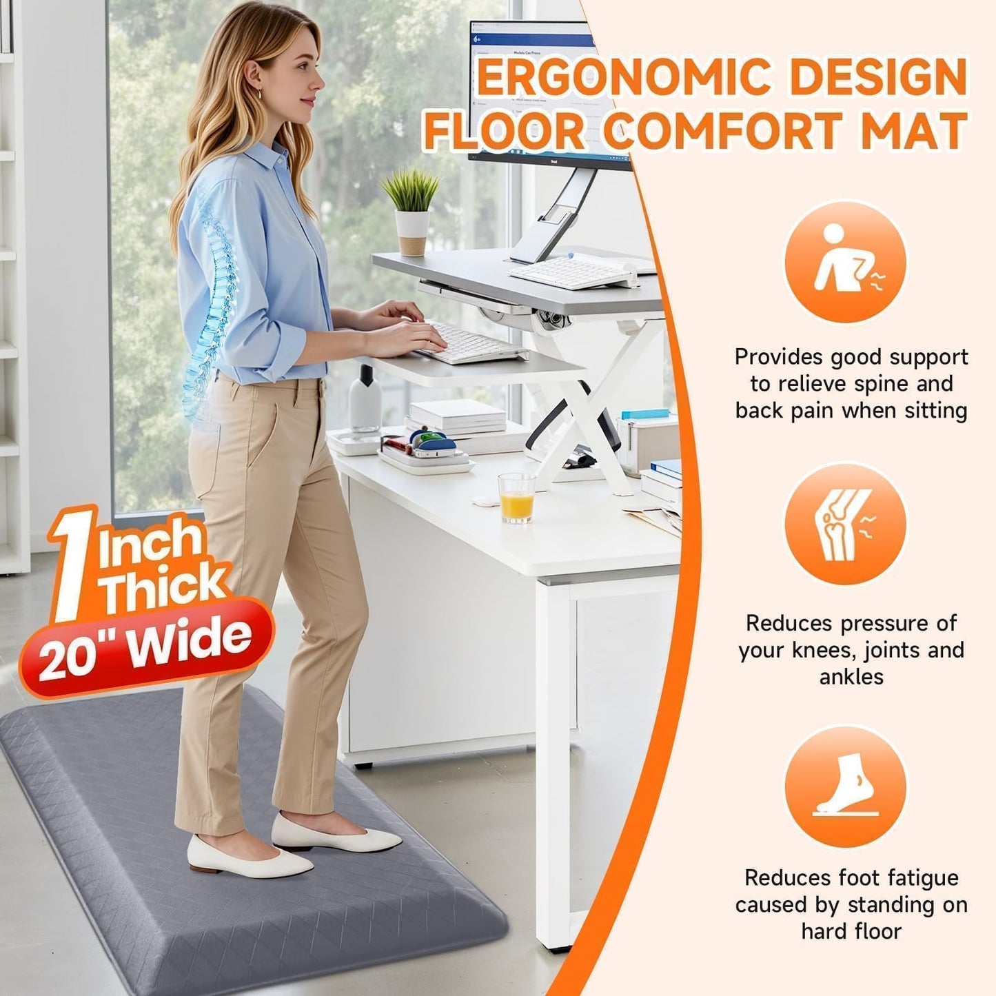 StepRite 1” Thick Kitchen Mats for Floor, Anti Fatigue Kitchen Rugs, Non-Slip,Heavy Duty Water Resistant Kitchen Rug, Standing Desk Mat for Friends, Family, Home, Kitchen, Office (39" x 20", Grey)