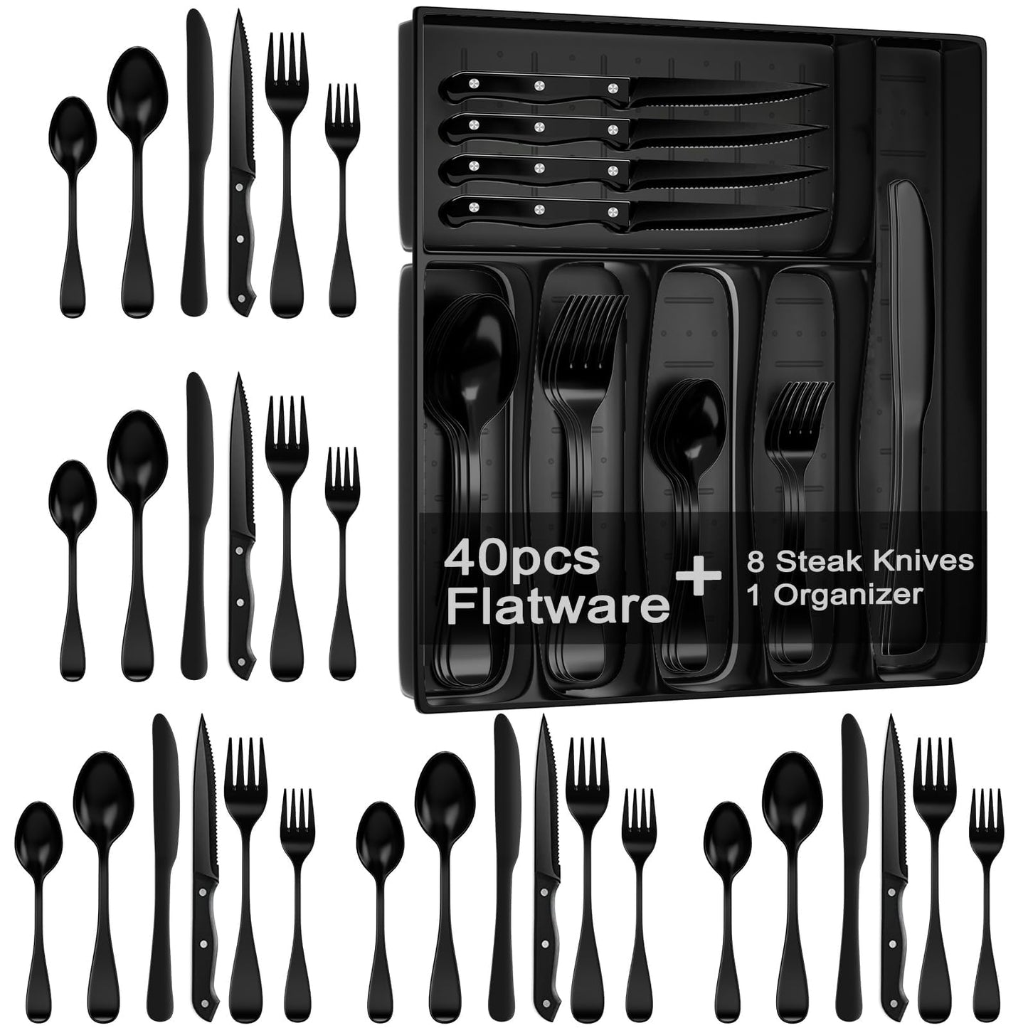 JUNLIN 49 Pieces Black Silverware Set with Steak Knives, Stainless Steel Silverware with Organizer Flatware Utensils Set for 8, Forks and Spoons Silverware Set Cutlery Set