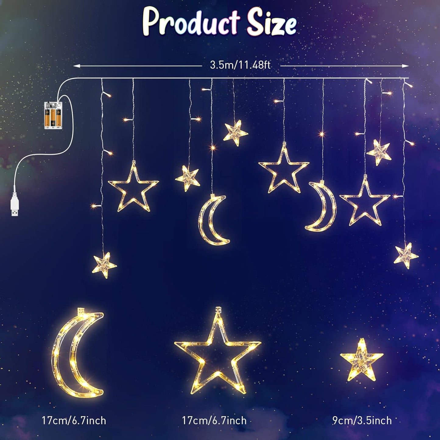 Riakrum LED Star and Moon String Lights - 11.48 ft Waterproof Warm White Fairy Lights for Bedroom & Party Decor