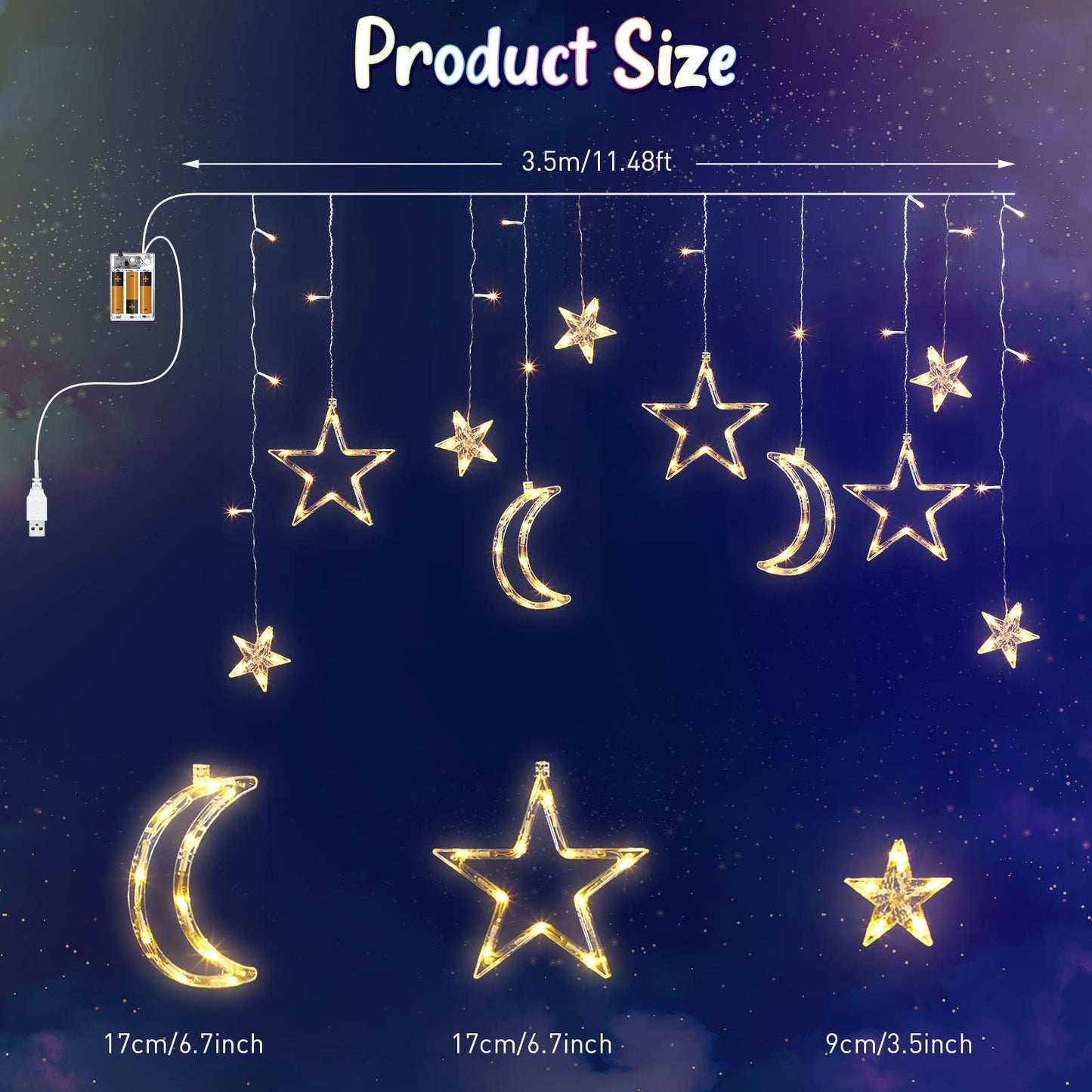 Riakrum 11.48 ft 21 LED Star and Moon String Lights Plug in Christmas Warm White Fairy Light Waterproof Decor for Bedroom USB Powered LED Curtain Light with USB Battery Box Cable Clip Wedding Party