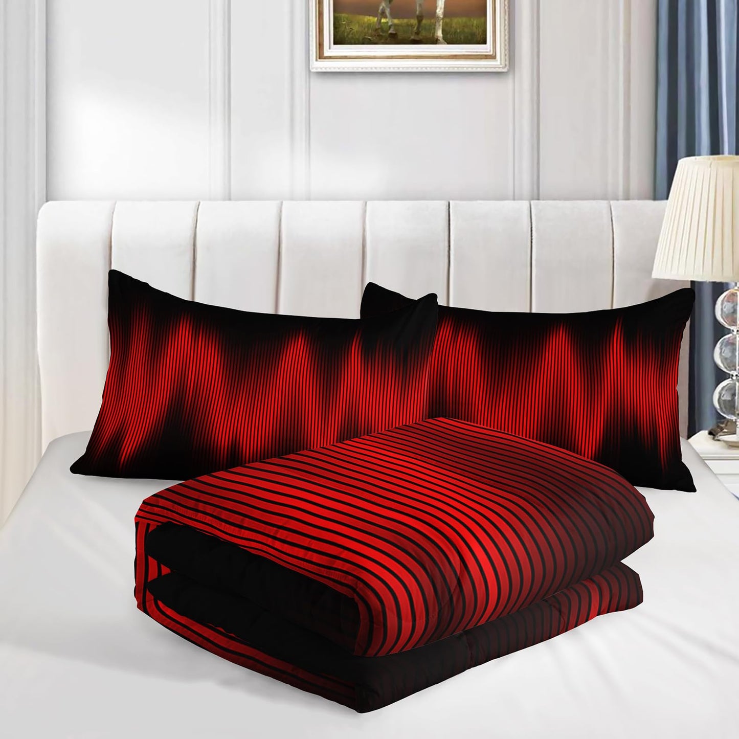 QOOMO Red Black Abstract Kids Comforter Set, Geometric Lines Boys Bedding Full, Gradient Modern Stylish 3D Quilt Set for Teen Adults Room Decoration, 1 Comforter & 2 Pillowcases
