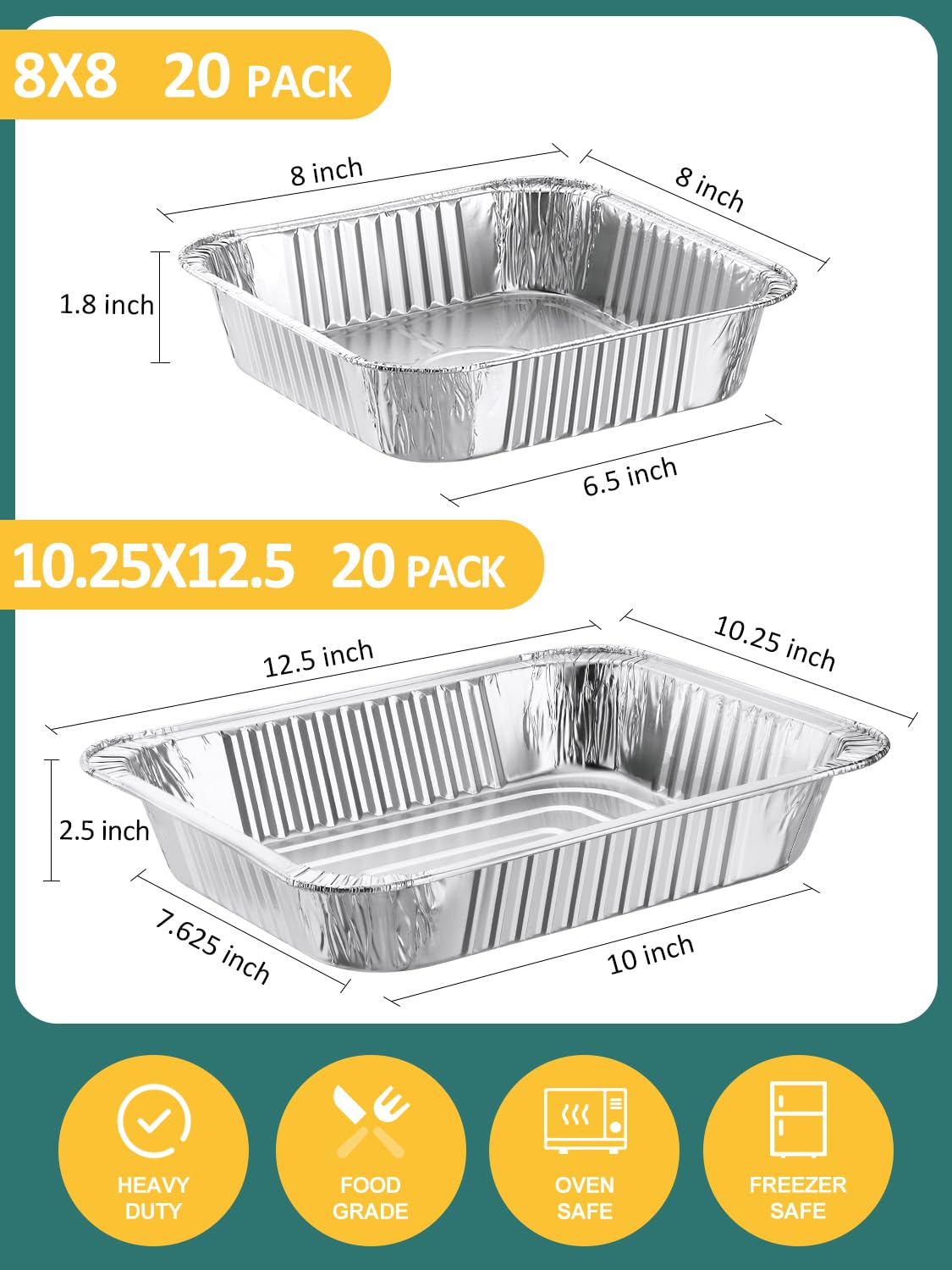 NEEBAKE 40 Pack Disposable Aluminum Foil Pans Assorted Sizes - 20 Large 10.25x12 Half Size Aluminum Pans & 20 Small 8x8 Tin Foil Baking Pans, Tin Trays Containers for Meal Prep, Food Cooking, Roasting