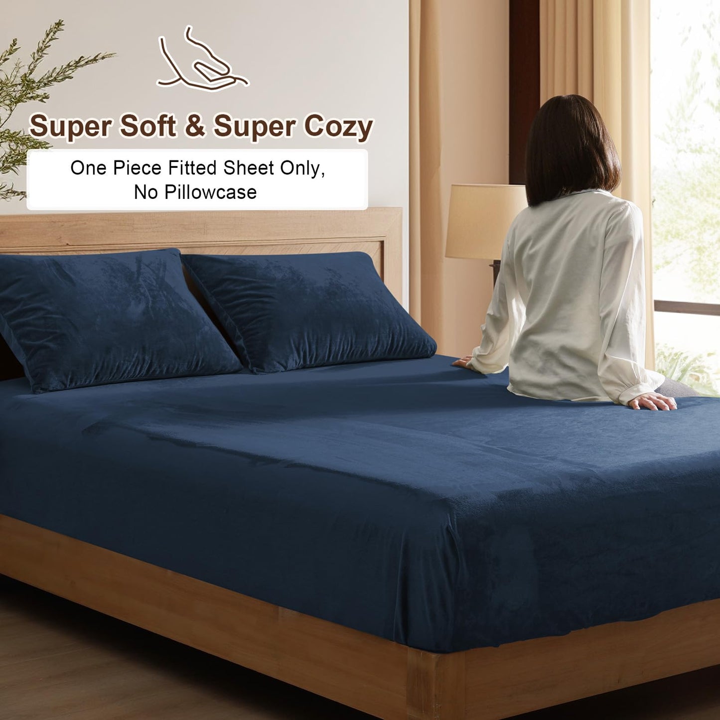PHF Ultra Soft Velvet Fitted Sheet Twin Size, 16" Deep Pocket with Wider Stronger Elastic Band, Easy Fit Easy Care, 1 Pack Cozy Comfy Flannel Bottom Sheet for All Seasons, No Pillowcases, Navy Blue