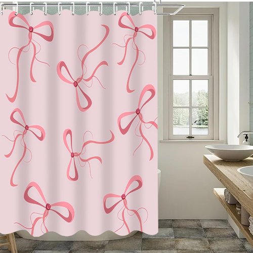 AZHM Pink Bow Shower Curtain Set - Cute Aesthetic Bathroom Decor with 12 Hooks & Accessories