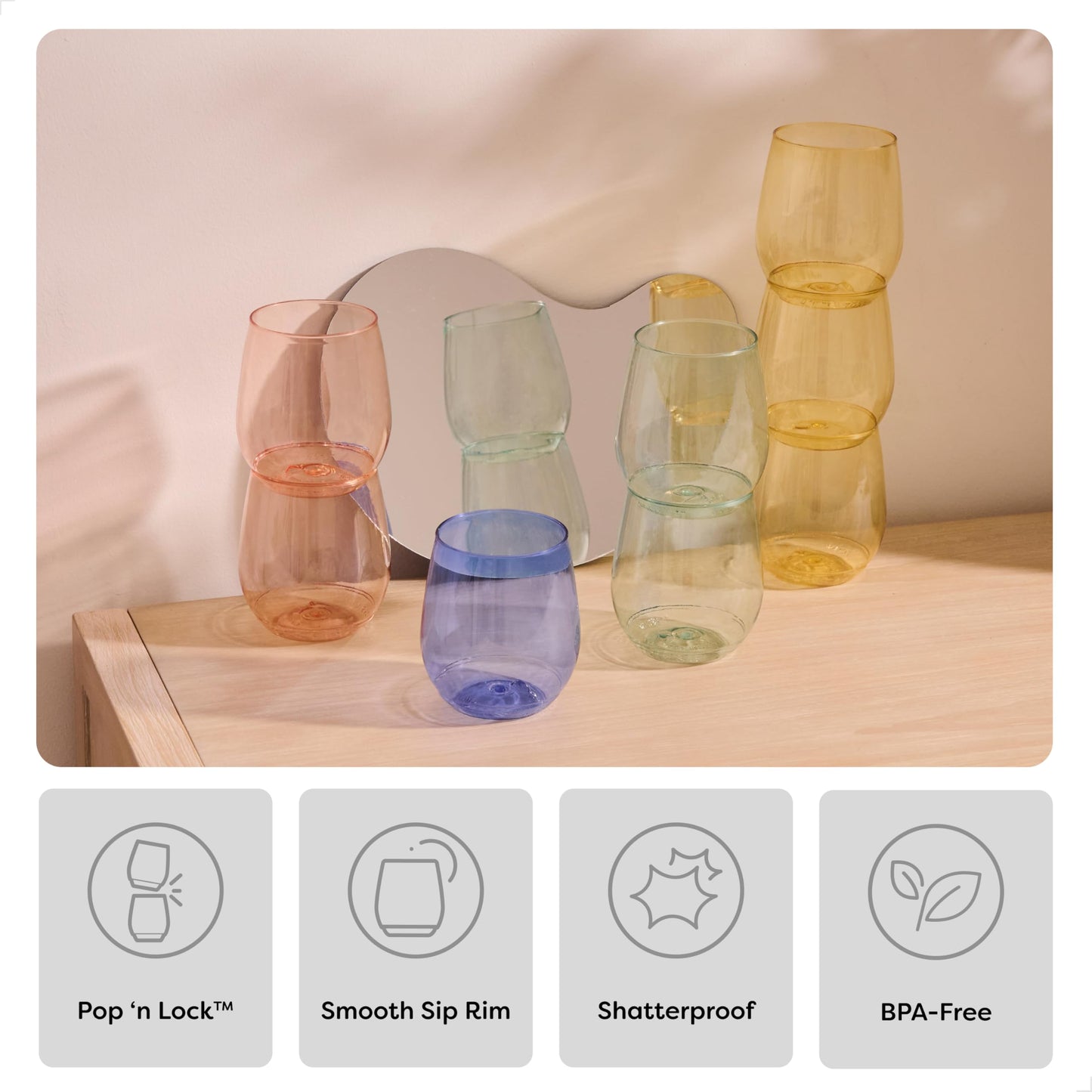 TOSSWARE POP 14oz Vino - Color Series SET OF 12, Premium Quality, Recyclable, Unbreakable & Crystal Clear Plastic Wine Glasses
