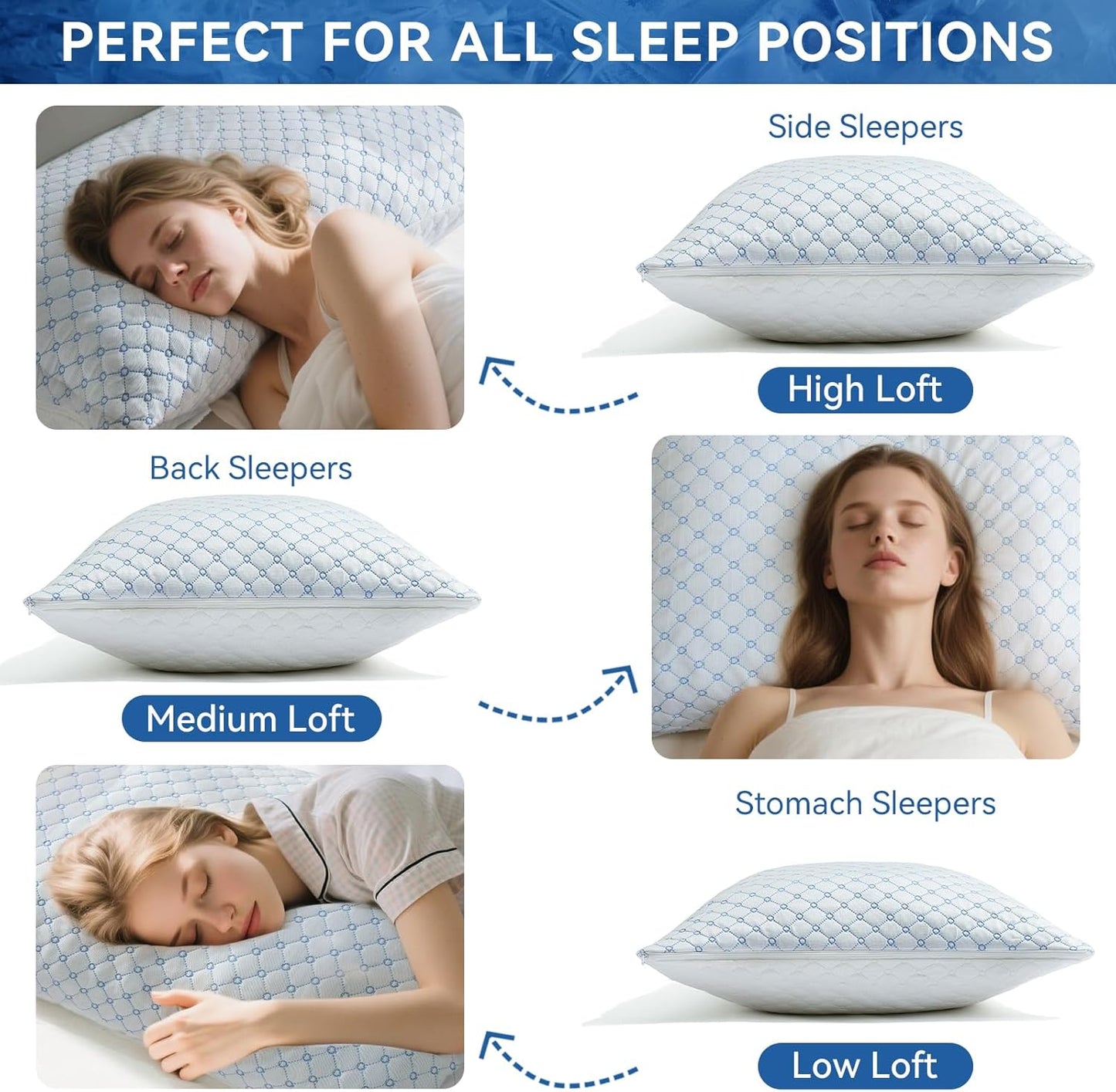 Skiennix Cooling Bed Pillows - Shredded Memory Foam for Neck Support | Adjustable Queen Size 2-Pack