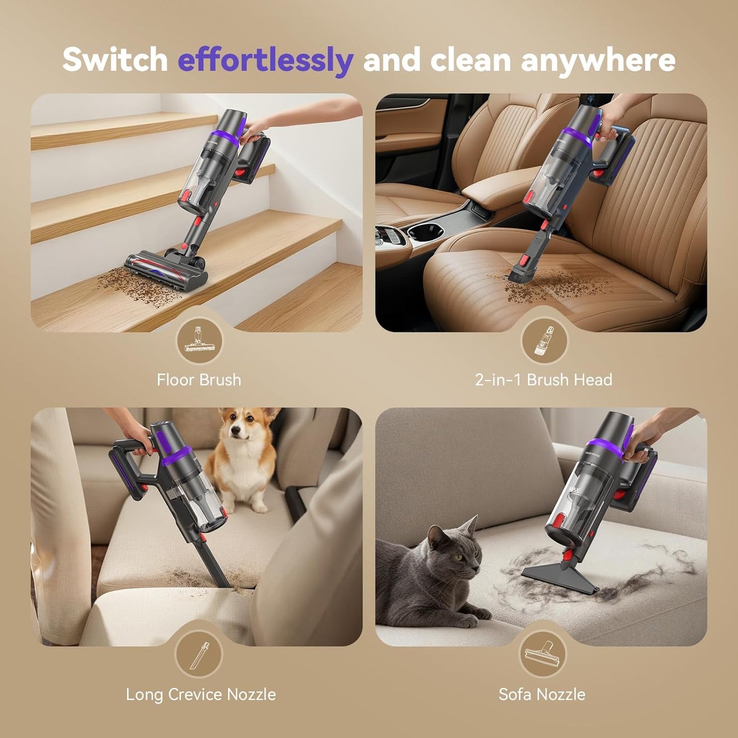 TechRise Cordless Vacuum Cleaner - 500W Stick Vacuum with Anti-Tangle Brush | 60-Min Runtime, LED Display, Lightweight for Hardwood & Carpet