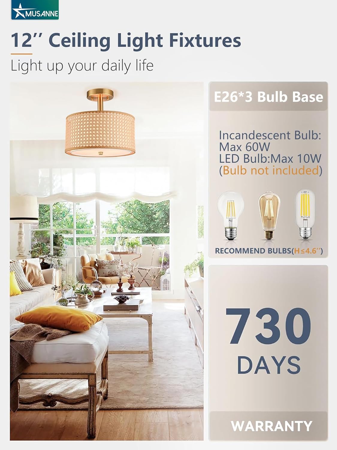 Semi flush mount ceiling light fixture for bedroom,Rattan & Fabric Double Drum Shade nursery Ceiling Light,Modern Close to Gold Ceiling Light Fixture for Entry Living Room Hallway Kitchen 3-Light