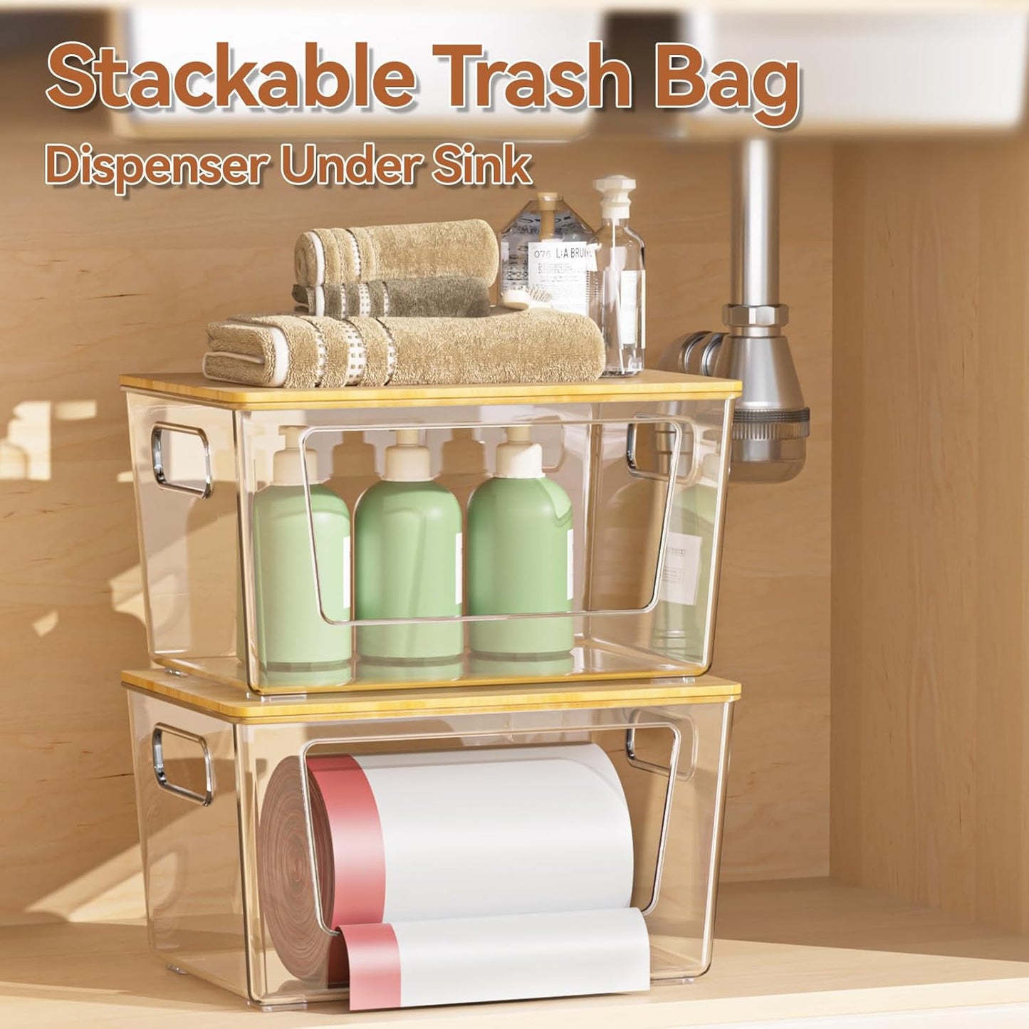 Spospo Trash Bag Holder - Extra Large Bamboo Lid Dispenser for Kitchen & Laundry Room Organization
